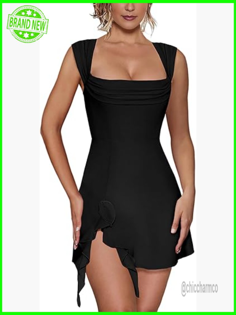 Sleeveless Square Neck Ruffle Slit A-Line Mini Party Dress